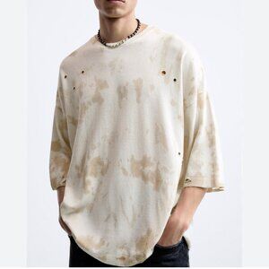 ZARA MEN'S TIE DYE DISTRESSED HOLES STREETWEAR STYLE SHIRT CREAM TAN NEUTRAL S/M